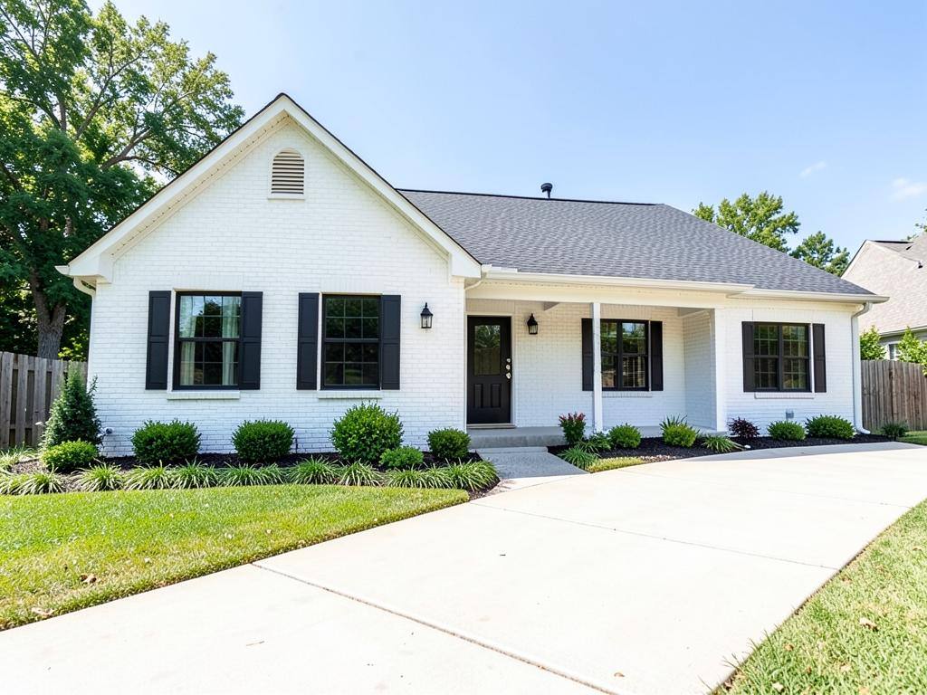 The same brick ranch home renovated with painted white brick and new landscaping
