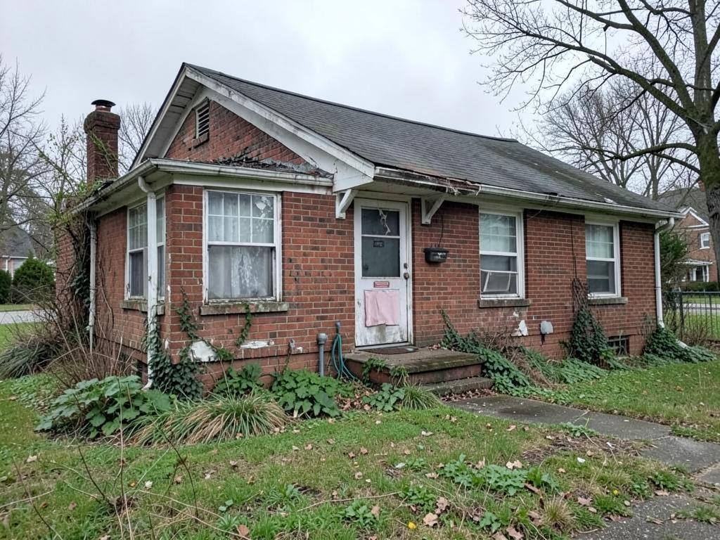 Dated brick ranch home with peeling paint and overgrown yard before renovation