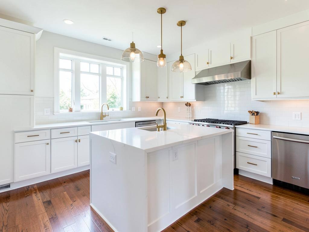 Bright renovated kitchen with white cabinets, quartz island, and hardwood floors