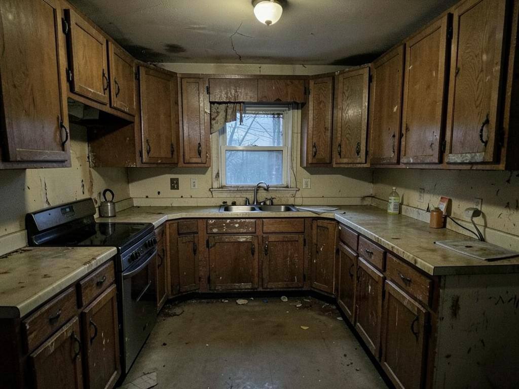Worn kitchen with dated oak cabinets before renovation