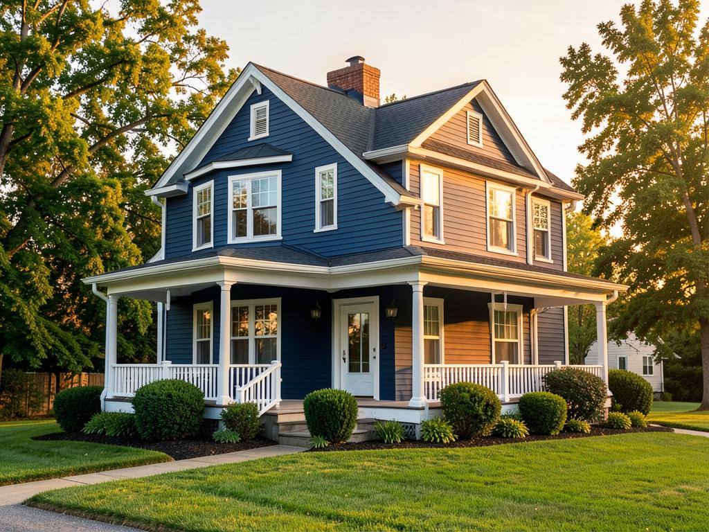The same colonial home with new navy siding, white trim, and a rebuilt porch