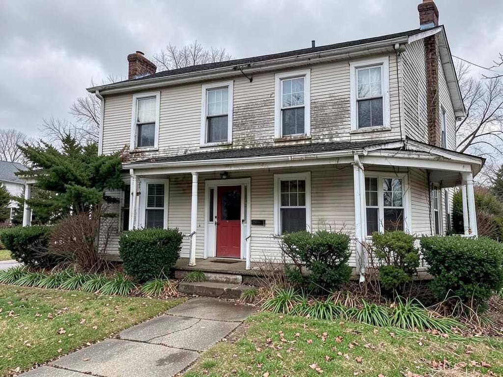 Faded colonial home with worn siding before renovation